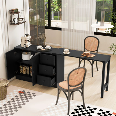 Buffet extensible de 228 cm, meuble de rangement pour plusieurs espaces, conception peu encombrante, étagère réglable, glissières de tiroir silencieuses, finition peinte, buffet texturé pour diverses pièces.