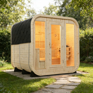 Outdoor Square Traditional White Pine Steam Sauna, 4-6 Person Capacity With Tempered Glass Windows