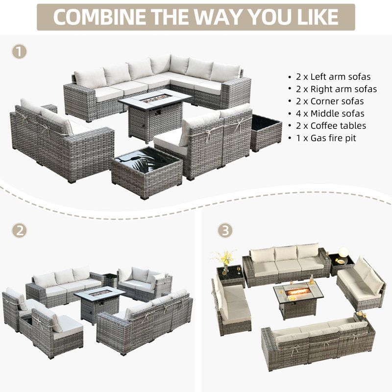 Baili 9 - Person Modular Patio Conversation Sets with Cushions, Beige