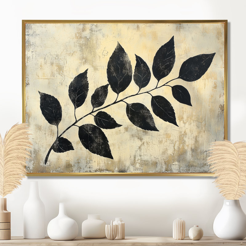 Ihna Black Leaves Shadow Silhouette V - Art mural feuilles, H 34 po x l 44 po, Impression encadrée flottante, Or