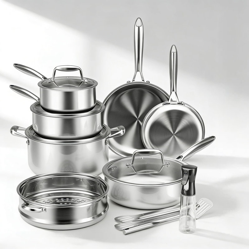 Ensemble de batterie de cuisine en acier inoxydable Tri-Ply avec panier à vapeur - Compatible avec l'induction, sans PFOA et PTFE