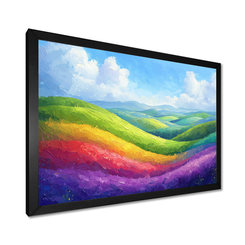 Arc-en-ciel au-dessus des collines luxuriantes - arc-en-ciel, art mural, H 12 po x l 20 po, Cadre simple noir