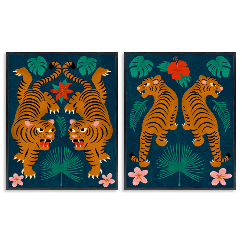 «Twin Jungle Tigers», ensemble de 2 giclées encadrées par Carrie Cantwell, H 14 po x l 11 po, Giclée encadrée noir minuit