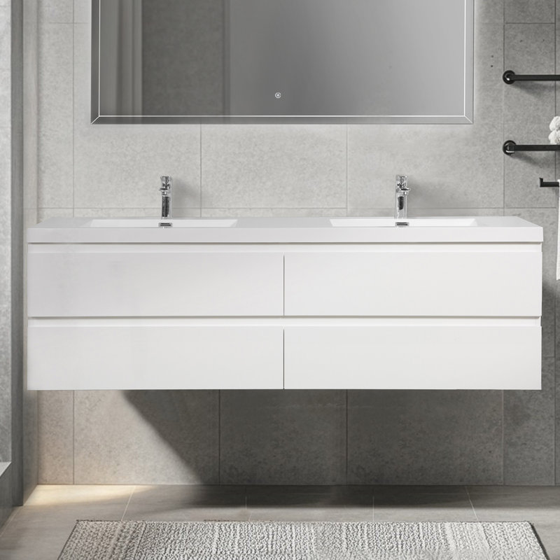 Meuble-lavabo flottant mural 72 po blanc brillant avec double comptoir blanc, Blanc