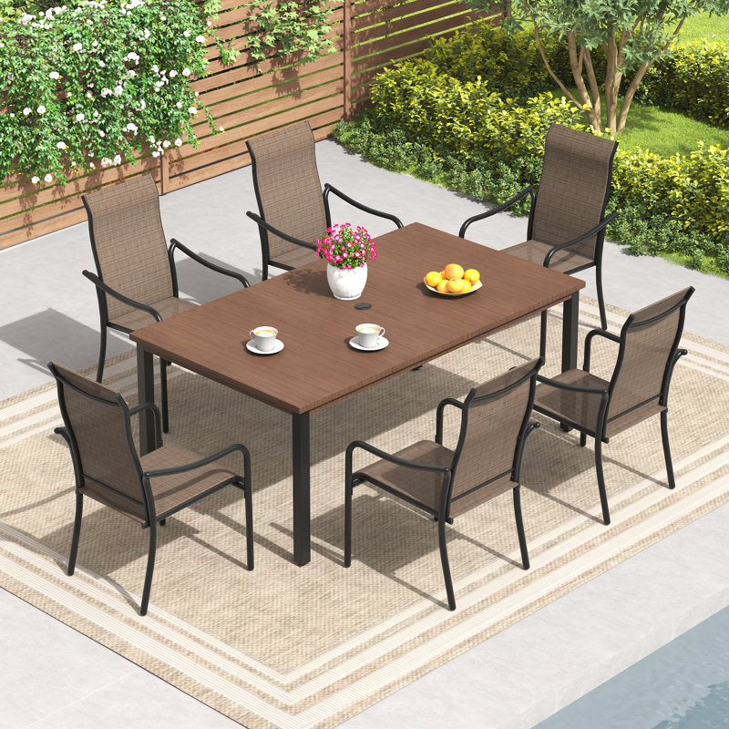 63" Outdoor Dining Set with Rectangular Metal Dining Table and PVC-coated polyester Armrest Chairs, Brown