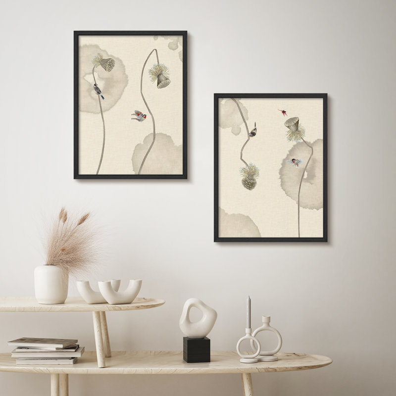 Oiseaux sur lotus, Noir, noir, noir, noir, H 16 po x l 12 po