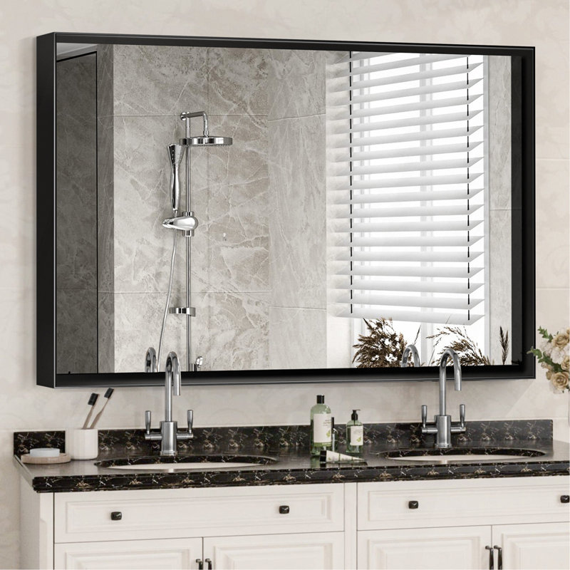 Miroir de salle de bain noir brillant pour plaques murales suspendues Miroir de ferme, 29,92 po x 47,65 po, Noir