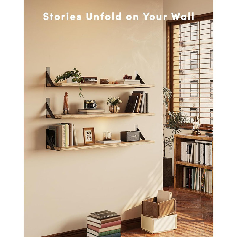 Light Brown Floating Shelves For Wall – Wall-mount Hanging Bookshelf For Bedroom, Office & Living Room