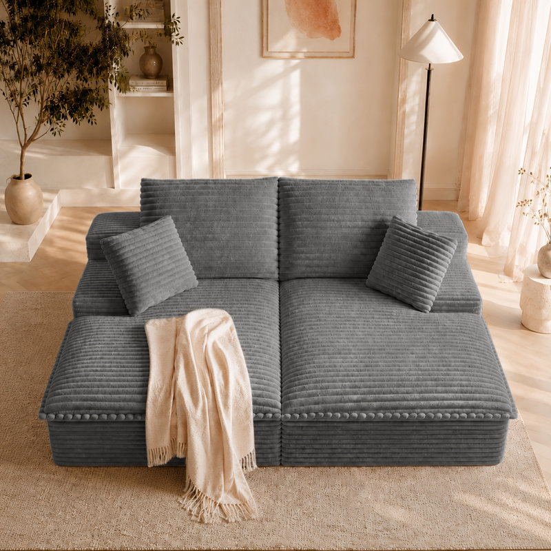 Canapé-lit double surdimensionné sans structure de 78,7 pouces pour intérieur, en velours côtelé modulable, avec assises profondes à double couche, canapé-lit sans cadre avec 4 coussins, aucun assemblage requis (gris)