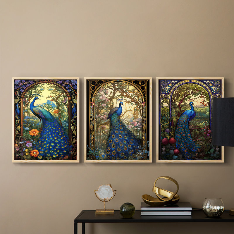 Série Peacock - Ensemble de 3 estampes numériques encadrées - Prêt à être accroché, Encadré naturel, H 10 po x l 8 po