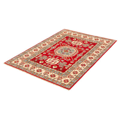 Tapis rouge / jaune en laine noué à la main de conception unique 5 pi 5 po x 7 pi 9 po New Age