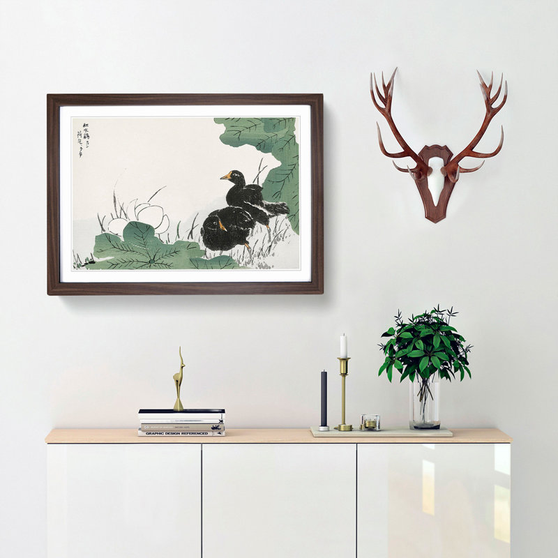 Coot Bird & Lotus Flower by Numata Kashu - Picture Frame Painting Print, Walnut Framed, 62cm H x 87cm W x 2cm D