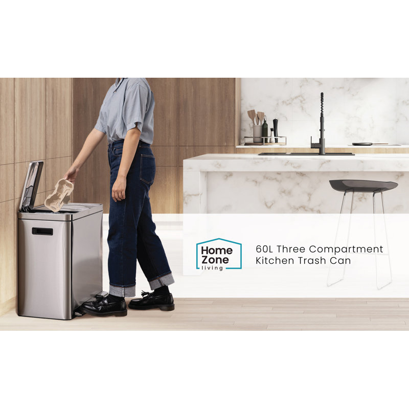 15.9 Gallon Stainless Steel Triple Compartment Pedal Trash Can