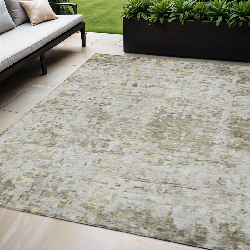 Tapis extérieur lavable abstrait taupe jaune clair et ivoire 5 pi x 8 pi
