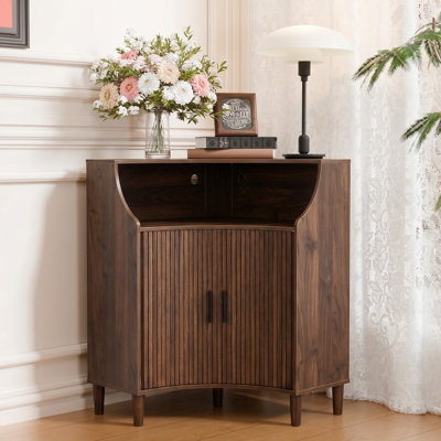 Fluted Corner Accent Cabinet With Sliding Doors And Storage Shelf