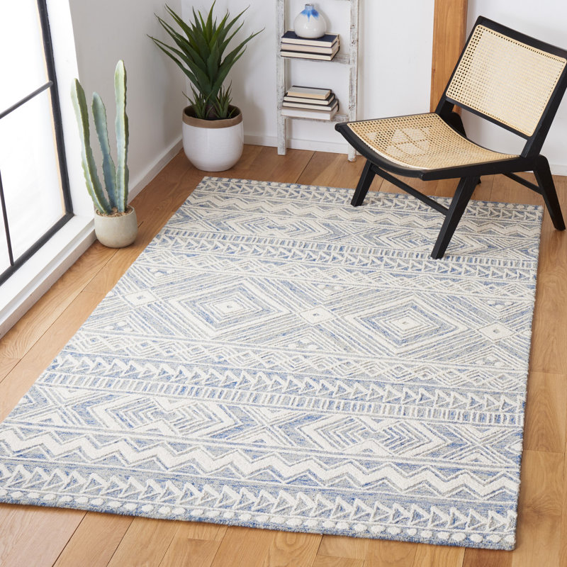 Tapis bleu / ivoire en laine touffeté à la main Kyndall, Rectangle 5 pi x 8 pi