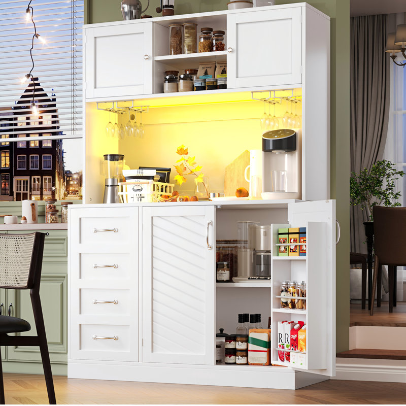 Kitchen Cabinet With Led, 4 Doors And 2 Drawers, White