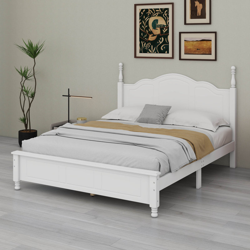 Lit plateforme avec tête de lit, cadre en bois rétro, support de lattes, aucun sommier nécessaire, Blanc, Grand lit