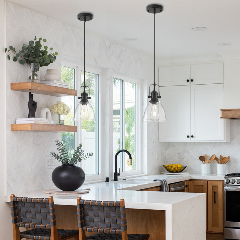Luminaire suspendu noir pour îlot de cuisine 2 pièces, luminaire suspendu Farmhouse, luminaire suspendu industriel en verre transparent, luminaire suspendu de cuisine de 6,5 pouces au-dessus d'un îlot de cuisine