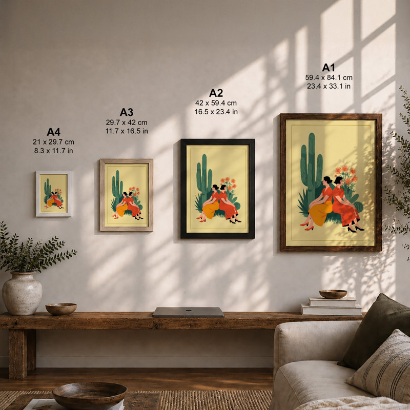 Two Women in Desert Bloom Boho - Framed Print, A4 - 29.7 x 21.0 cm, Black