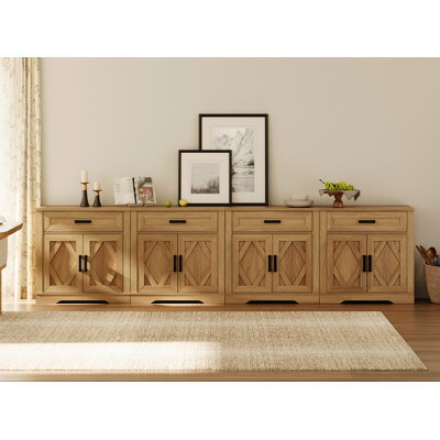 126"W Long Buffet Cabinet, 4-In-1 Farmhouse Sideboard Buffet With Storage Barn Door Unit, Dining Room Buffet Table With File Drawers And Shelves For Office, Bedroom,Walnut