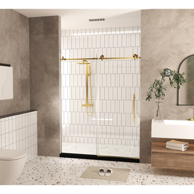 1/4" 6 Mm  Clear Tempered Glass Shower Door For Bathroom, American Design, Brushed Gold Stainless Steel Handle, - Proof Film, Large Wheels And Round Tracks, Classic Easy To Clean Surface