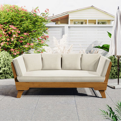 Canapé d'extérieur d'extérieur pour lit de jour, canapé 3 places avec accoudoirs pliables et 4 coussins de dossier, coussin amovible en teck et structure en bois d'acacia beige