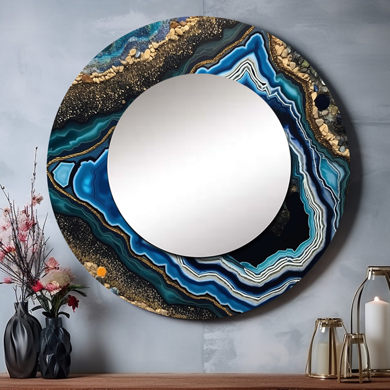 Teal Gold Geode Gems - miroir mural en pierre, miroir décoratif bleu sarcelle, 23 po x 23 po, Rond