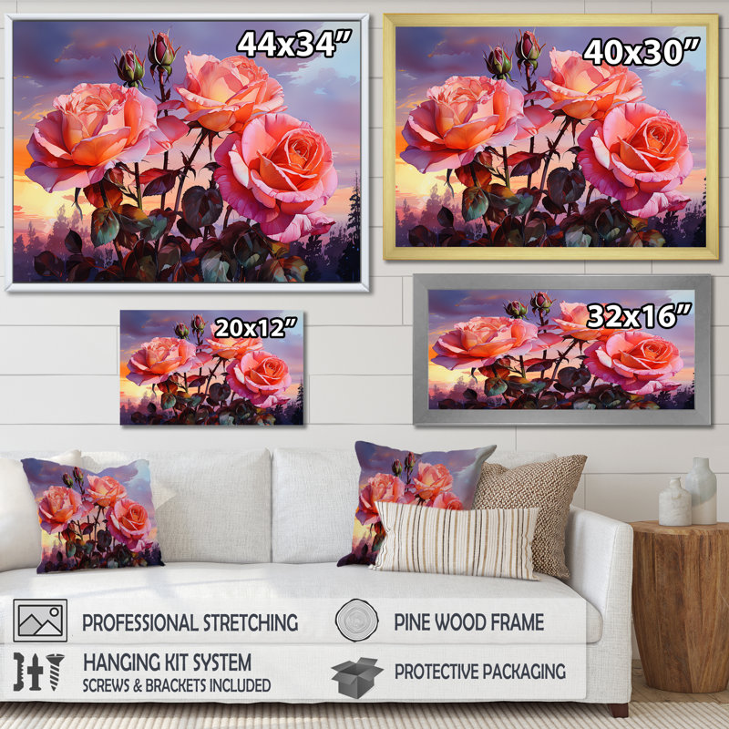 Coral Roses Sunset I, Cadre naturel flottant, H 16 po x l 32 po x P 1 po