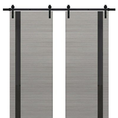 Porte de grange double robuste avec panneau intérieur massif Planum 0040 Ginger Ash et vitrage noir, rails de 4 m (13 pi), porte intérieure lourde de 91,4 cm x 203,2 cm (36 po x 80 po) (2 x 45,7 cm x 80 po), rail noir