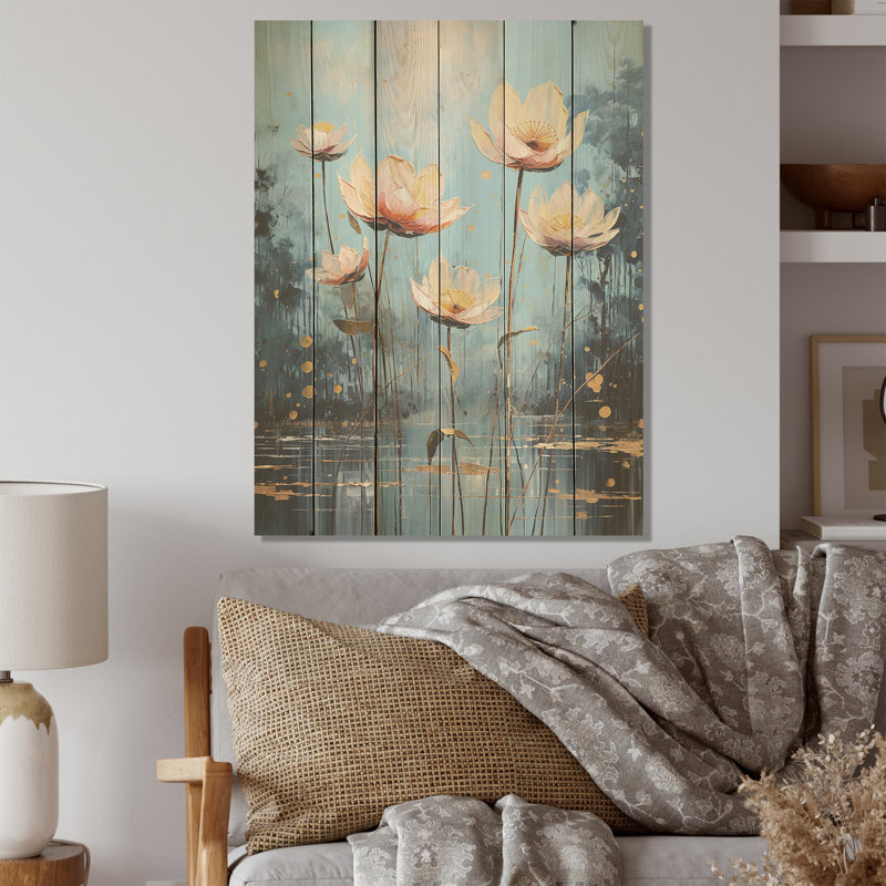Lotus in Harmony Pond - Art mural en bois de lotus sur bois de pin naturel, H 32 po x l 24 po
