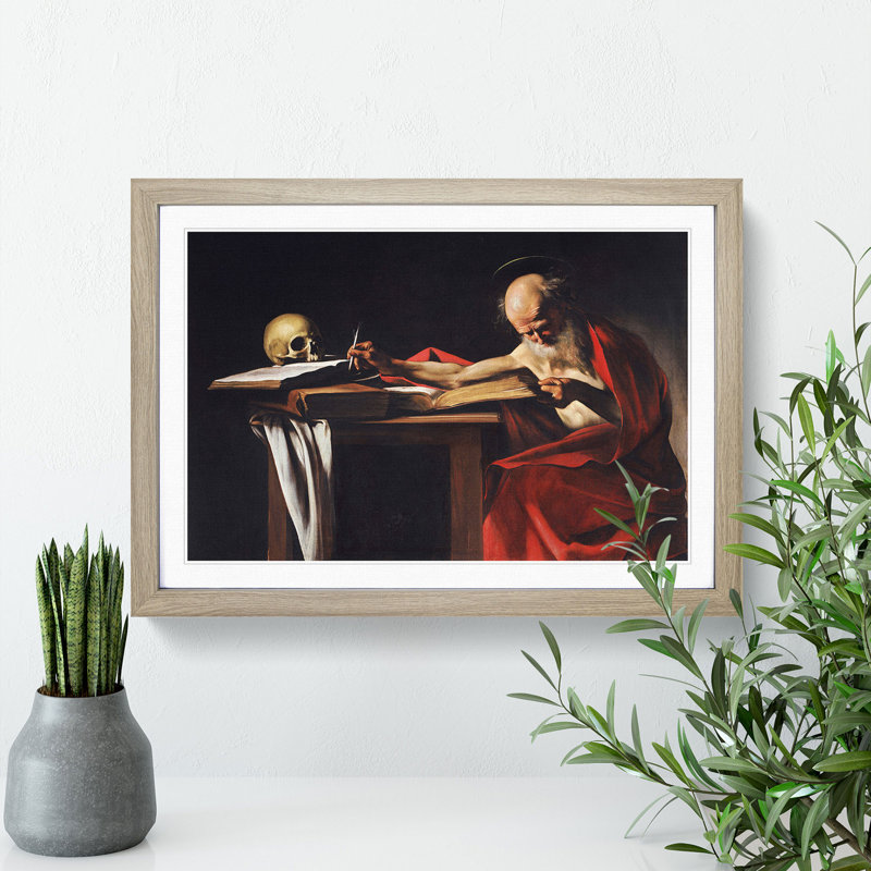 Saint Jerome Writing by Caravaggio - Picture Frame Painting on MDF, 36cm H x 48cm W x 2cm D, Oak Framed