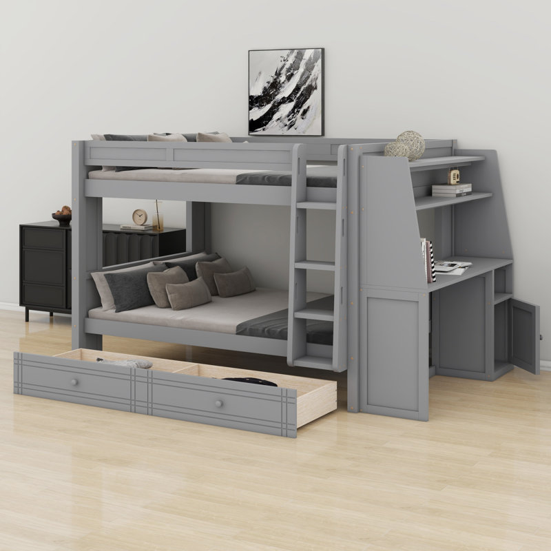 Lit superposé robuste avec bureau intégré, tablettes et rangement de tiroir, Grey
