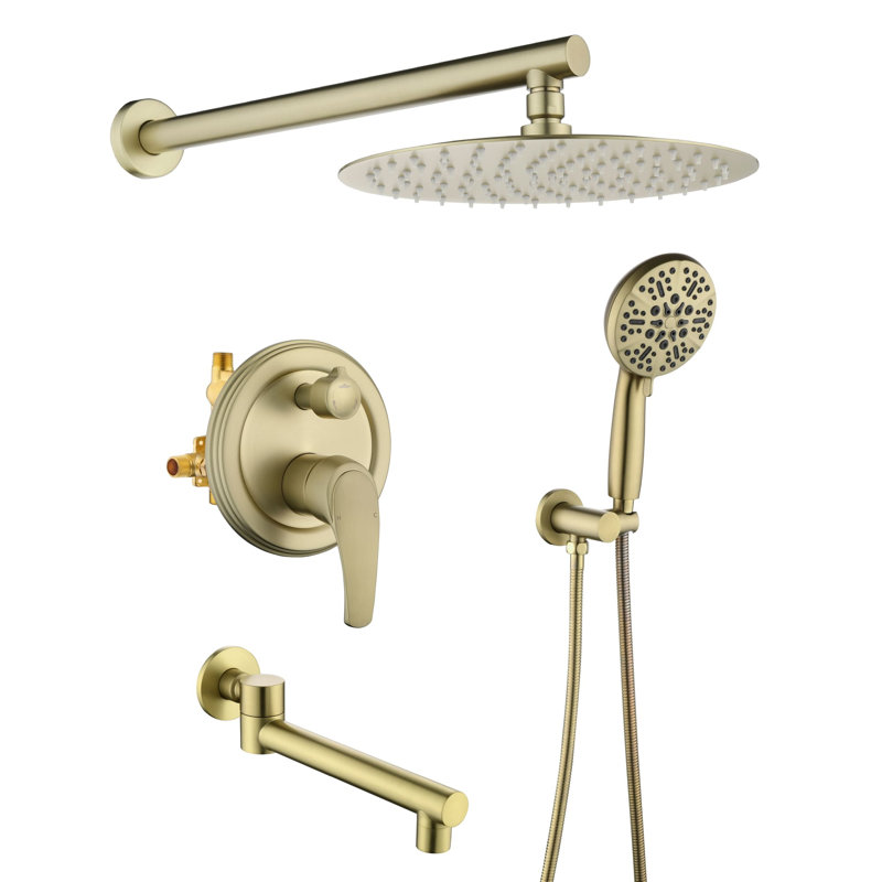 Wall Mounted Tub Shower System With Handheld Shower Single Handle Shower Faucet Set 12 Inch Brass Shower Trim Kit With Rough-In Valve