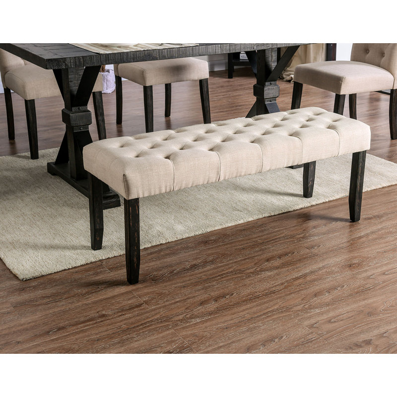 Ivory Button Tufted Linen Fabric Upholstered Solid Wood Dining Bench Chair | Gift Idea, Ivory