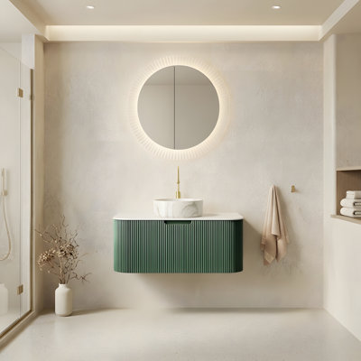 Meuble-lavabo suspendu de 91 cm avec tiroir de rangement et lavabo rond blanc mat