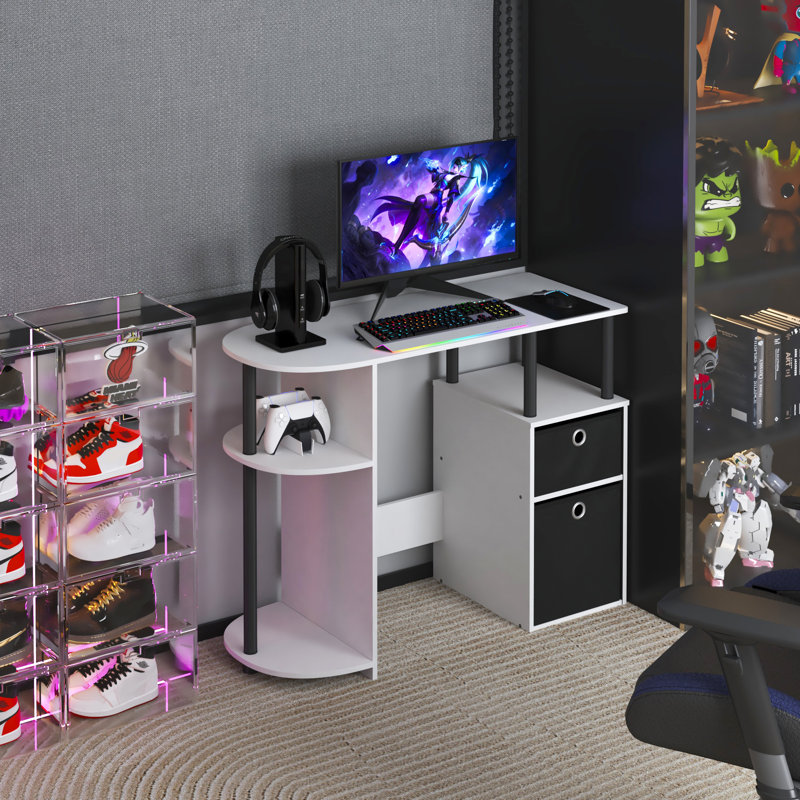 Bureau d'ordinateur avec plateau à clavier et tablettes ouvertes pour bureau personnel compact, blanc / noir, Blanc ; noir