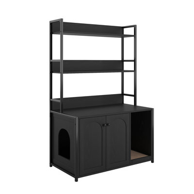 Large Cat Litter Box Enclosure With Shelf Storage, Hidden Cat Washroom Furniture, Wooden Cat House With Scratch Pad, Sturdy Indoor Cat Cabinet With 2 Doors