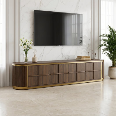 78 Inch Fully Assembled TV Stand Walnut And 304 Stainless Steel Media Console Entertainment Center With Hidden Cabinets