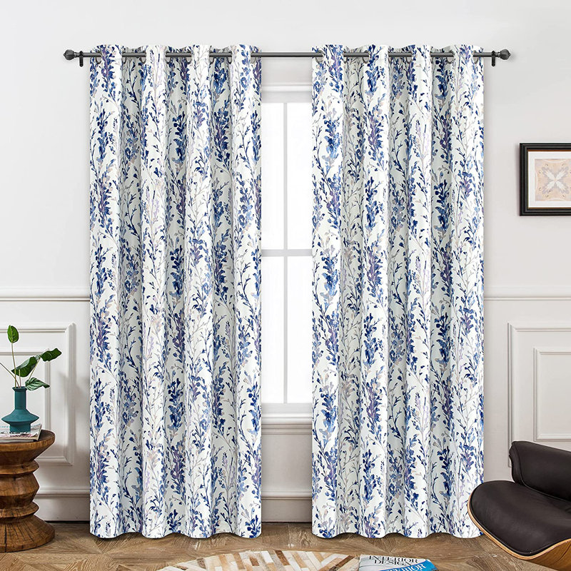 Rideau doublé à motif floral Rawlins, Bleu / Lavande