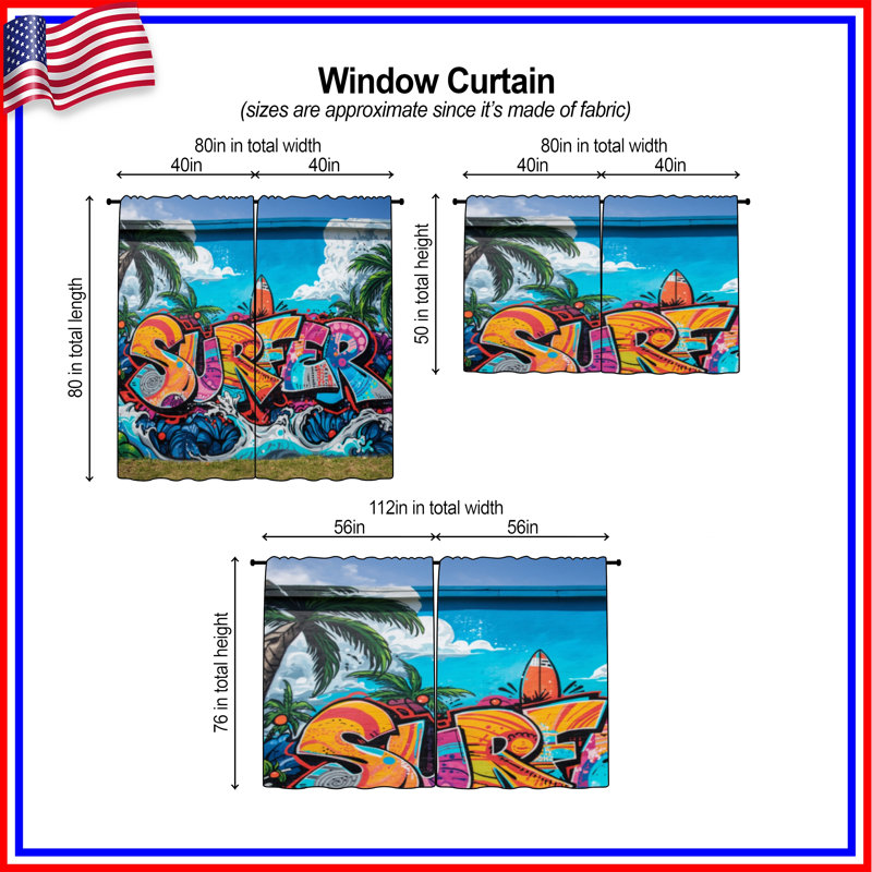 Rideaux de fenêtre colorés surfer Graffiti Mural, 112 po x 76 po - 2 panneaux, Transparent