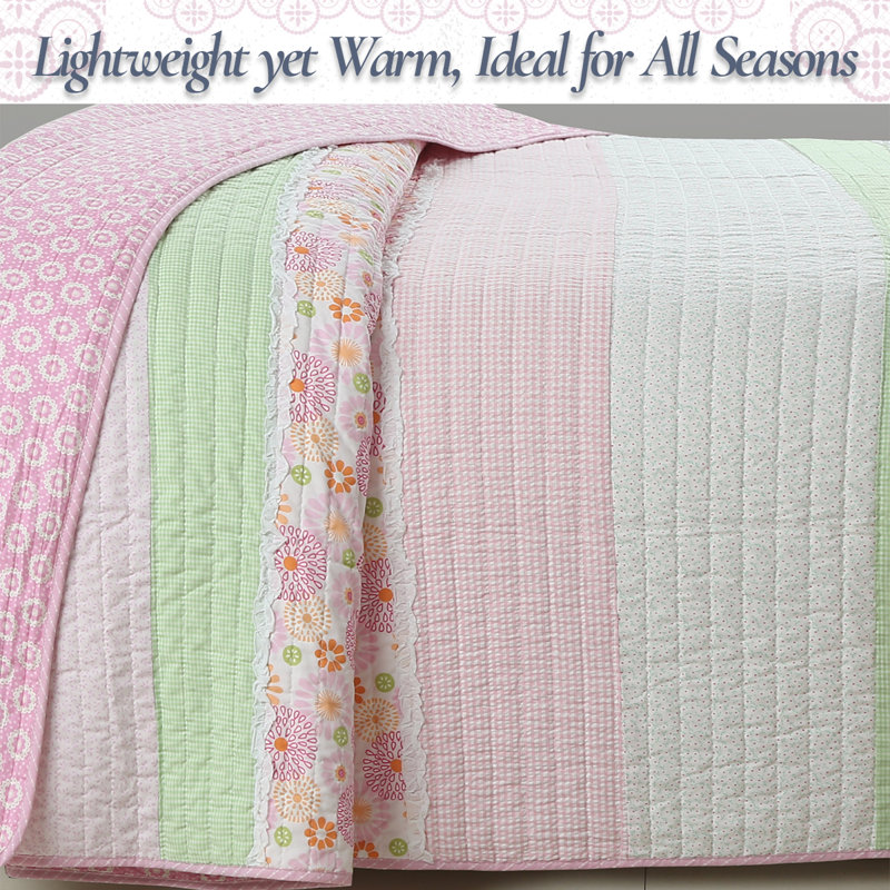 Ensemble de literie pour lit simple en coton à motif guingan rose, Courtepointe pour lit simple + 1 taie décorative