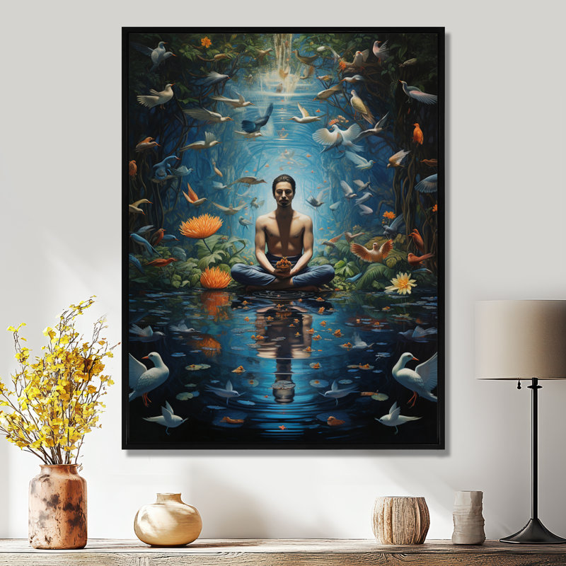 Yogi méditant sur un lac, fleur blanche, oiseau, yoga, décoration murale, Toile avec cadre flottant noir