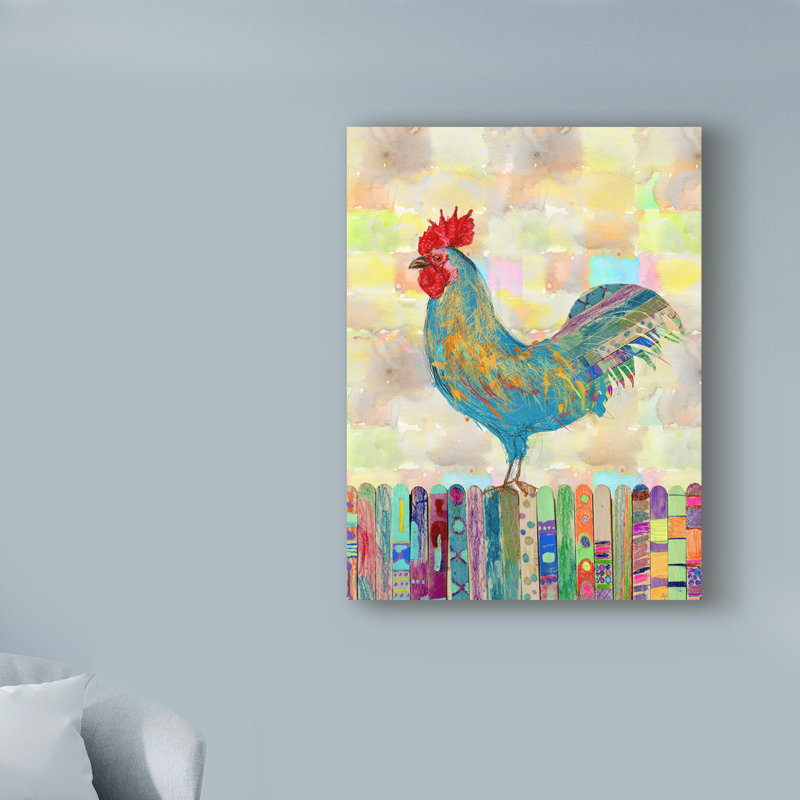 « coq on a clôture ii », reproduction d’impression sur toile tendue, H 32 po x l 24 po x P 2 po