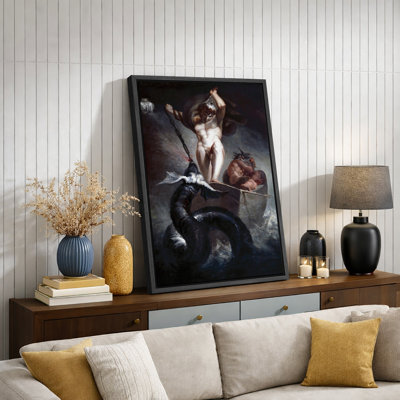 Warrior Defeating Sea Serpent Fantasy Artwork, Dark Mythological Battle Pictures, Framed Canvas Giclee Print Wall Art