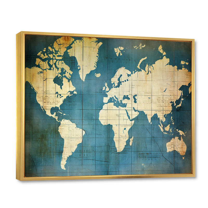 Ancienne carte du monde VI, reproduction d'art sur toile, 16" H x 32" W, Cadre flottant doré