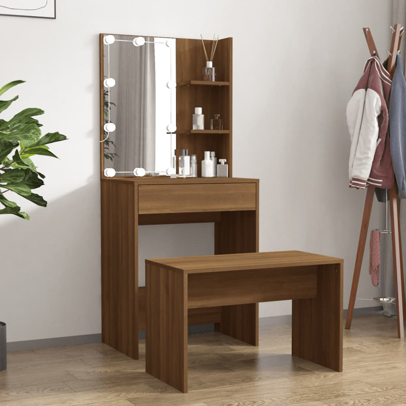 Itasha Dressing Table Set with LED Engineered Wood, Brown Oak
