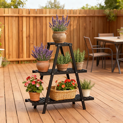 3-Tier Ladder Plant Stand For Indoor And Outdoor Use, Sturdy Bamboo Plant Shelf With Space-Saving Design For Living Room Balcony Garden Patio Decor by Arlmont & Co.