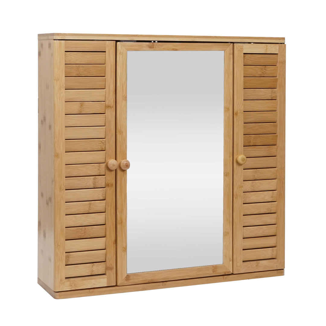 Spiegelschrank MCW-B18, Badspiegelschrank HÃ¤ngeschrank, 3 RegalbÃ¶den 3 TÃ¼ren Bambus Spiegel 60X60x15cm