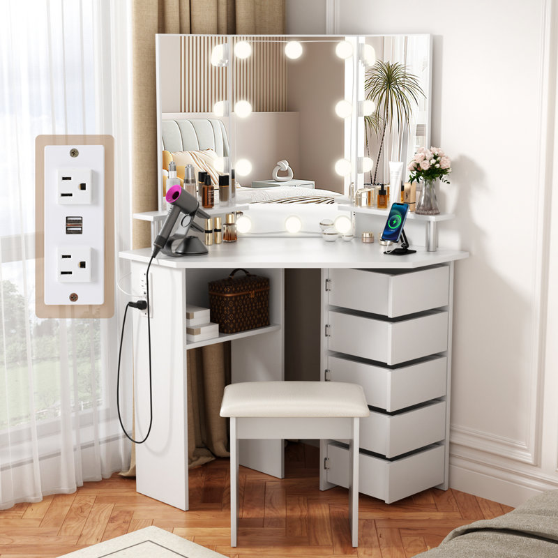 Greyden Tri-Fold Vanity Set with 5 Rotating Drawers and Outlets, White